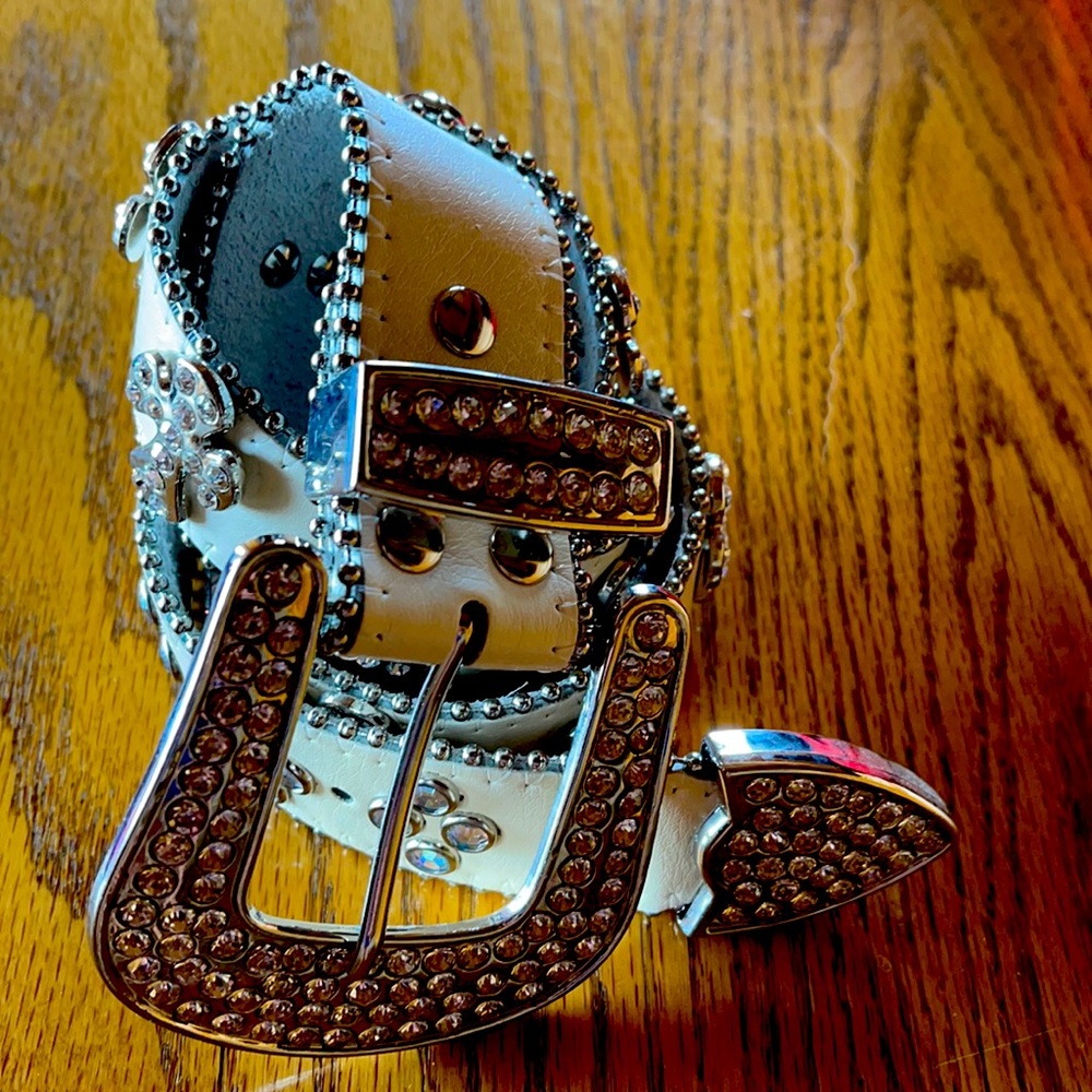 White leather diamond bling belt.
